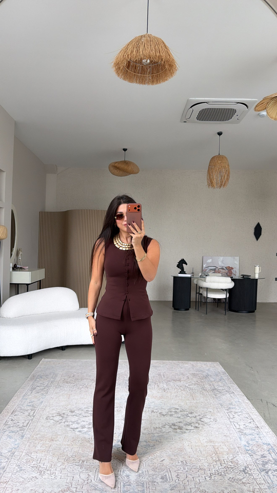 Kahverengi Çelik Kumaş Yelek Pantolon Takım