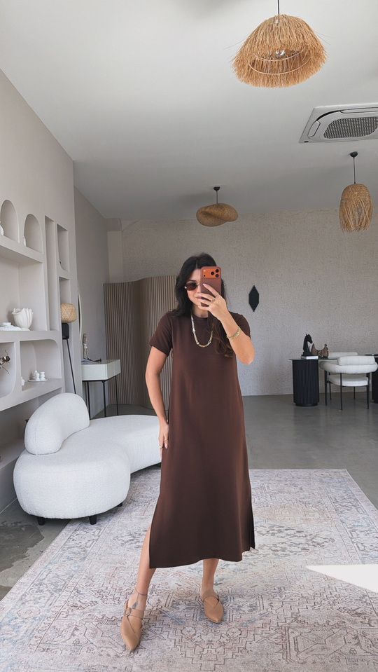 Kahverengi Çift Yırtmaçlı Basic Modal Elbise
