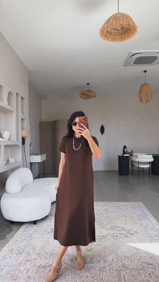 Kahverengi Çift Yırtmaçlı Basic Modal Elbise