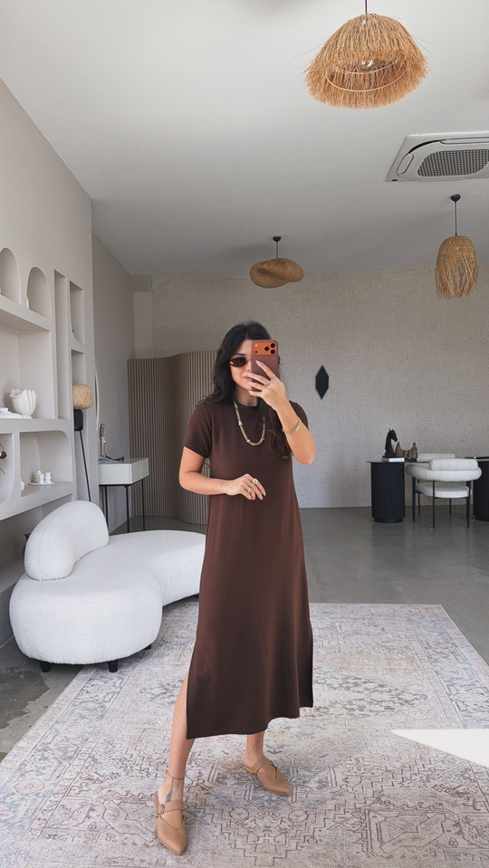 Kahverengi Çift Yırtmaçlı Basic Modal Elbise