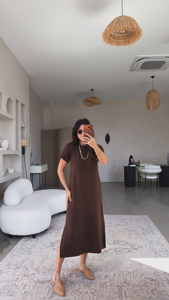 Kahverengi Çift Yırtmaçlı Basic Modal Elbise