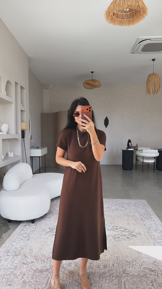 Kahverengi Çift Yırtmaçlı Basic Modal Elbise