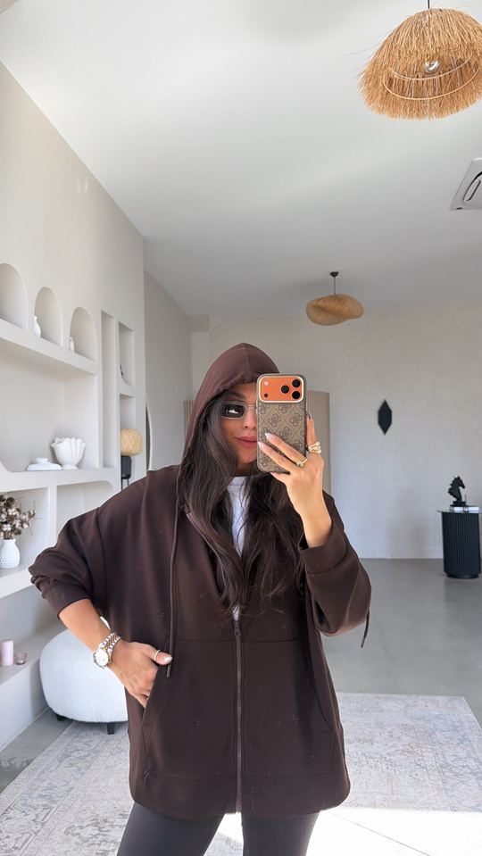 Kahverengi Fermuarlı Cepli Modal Hoodie