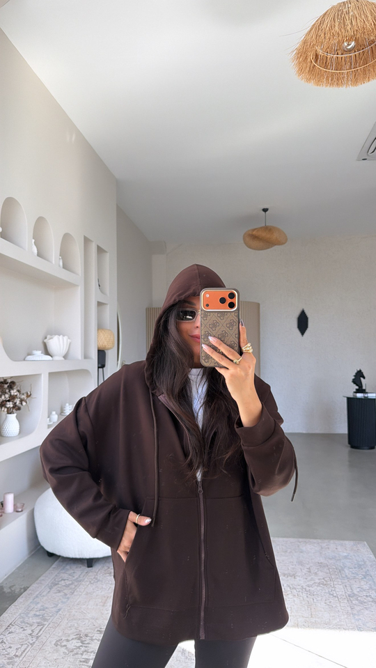 Kahverengi Fermuarlı Cepli Modal Hoodie
