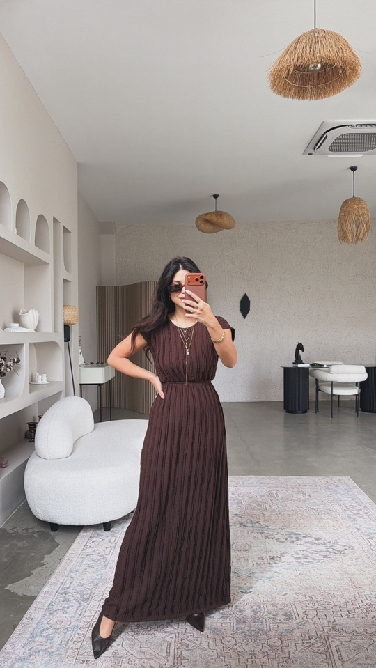Kahverengi Kendinden Çizgi Dokulu Beli Lastikli Maxi Bürümcük Elbise