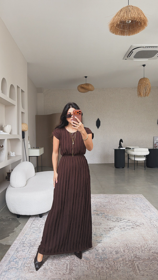 Kahverengi Kendinden Çizgi Dokulu Beli Lastikli Maxi Bürümcük Elbise