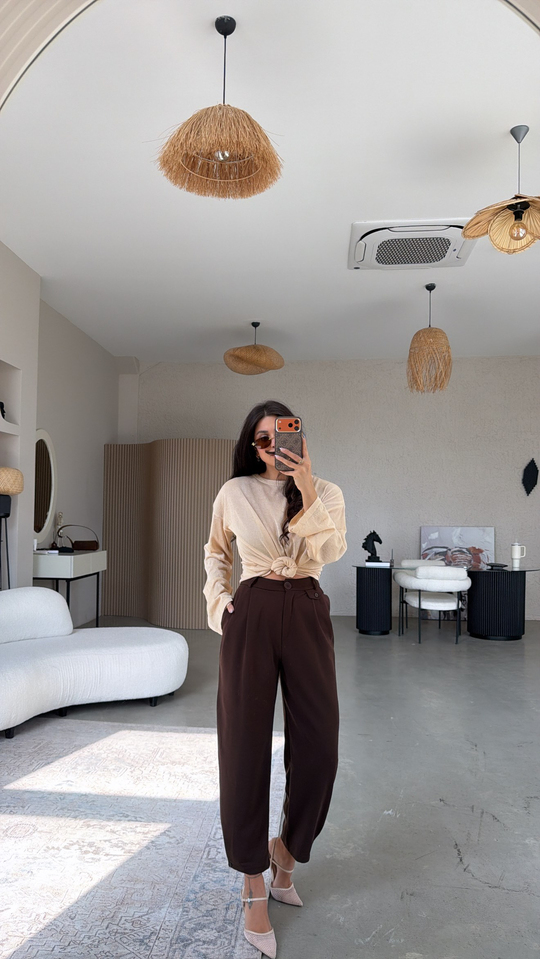 Kahverengi Mini Düğme Detaylı Kumaş Pantolon