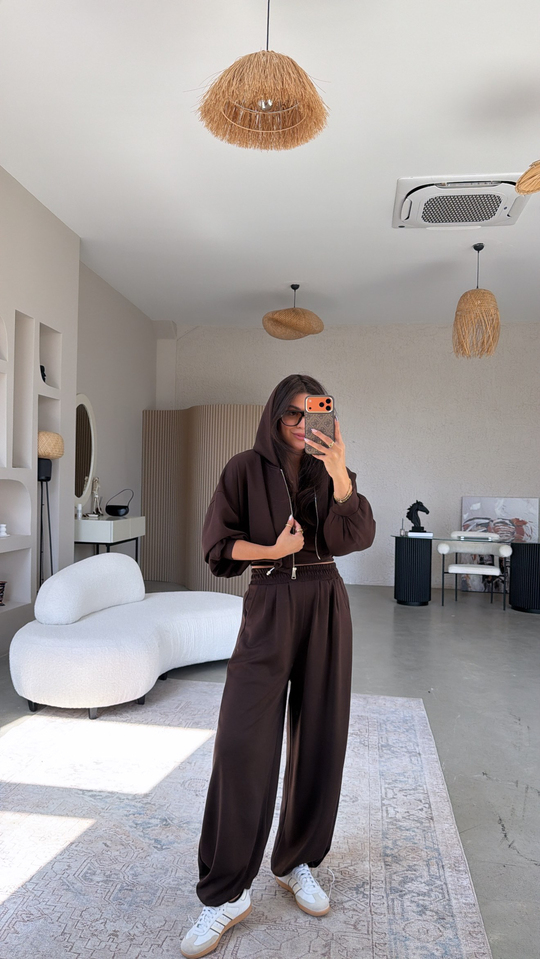 Kahverengi Modal Üçlü Atlet Hoodie Eşofman Takım
