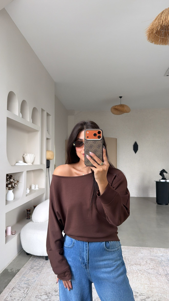 Kahverengi Omzu Açık Modal Sweatshirt