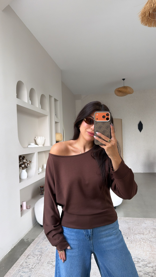 Kahverengi Omzu Açık Modal Sweatshirt