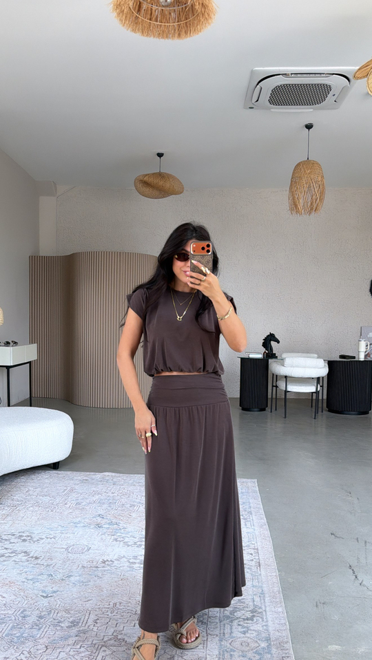 Kahverengi Pike Modal Drape Etek Bluz Takım