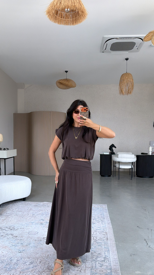 Kahverengi Pike Modal Drape Etek Bluz Takım