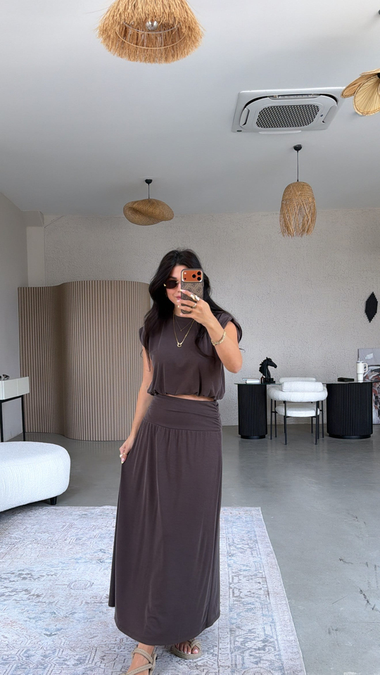 Kahverengi Pike Modal Drape Etek Bluz Takım