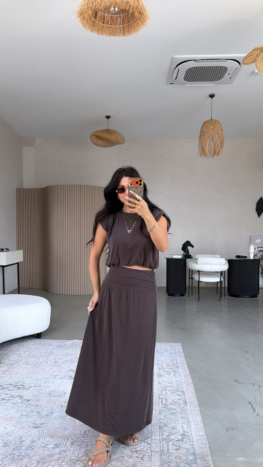 Kahverengi Pike Modal Drape Etek Bluz Takım