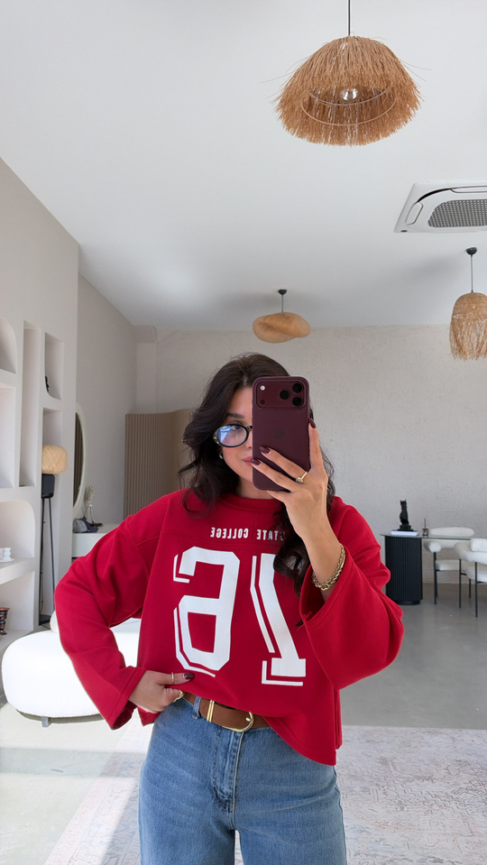 Kırmızı 76 Baskılı İki İplik Sweatshirt