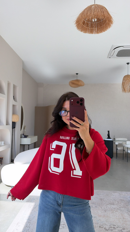 Kırmızı 76 Baskılı İki İplik Sweatshirt