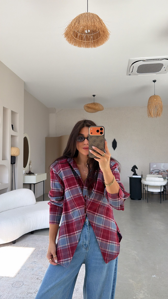 Kırmızı Soft Ekoseli Düğme Aksesuarlı Vatkalı Gömlek