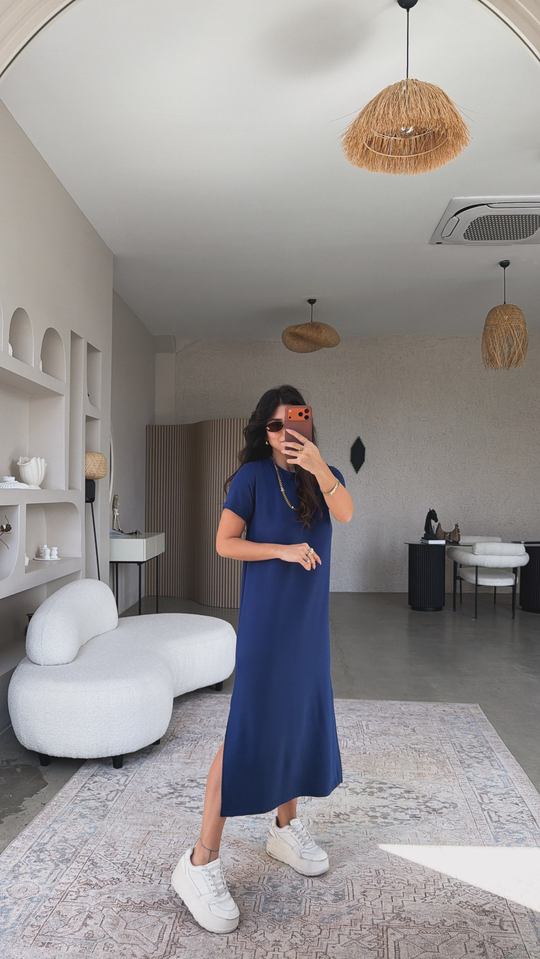Lacivert Çift Yırtmaçlı Basic Modal Elbise