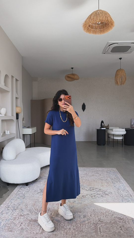 Lacivert Çift Yırtmaçlı Basic Modal Elbise