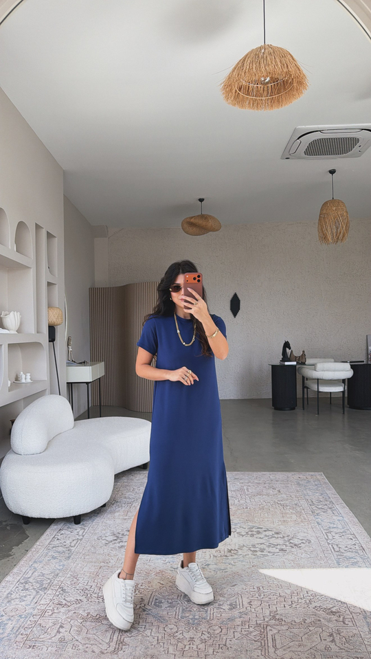 Lacivert Çift Yırtmaçlı Basic Modal Elbise