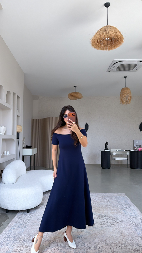 Lacivert Modal Omzu Açık ZR Model Elbise
