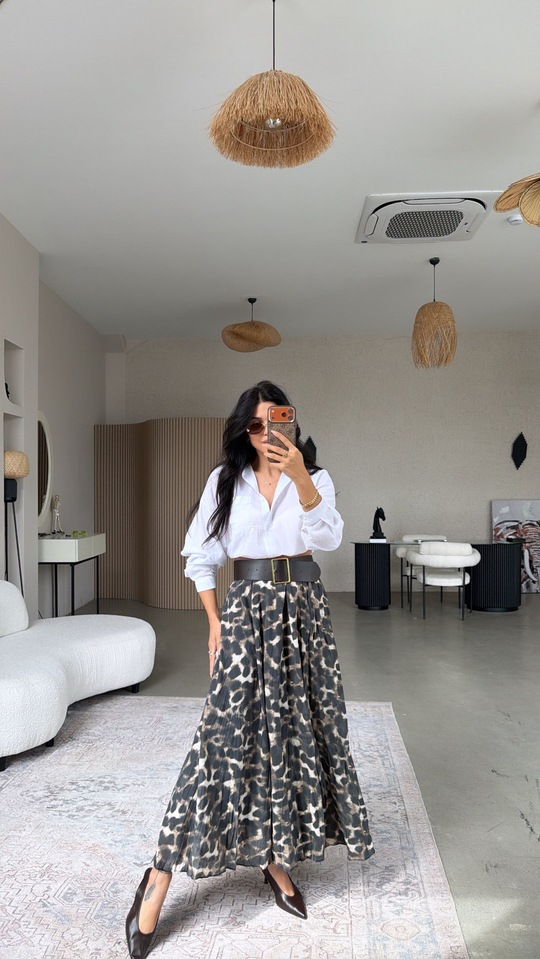 Leopar Astarlı Kemerli Maxi Etek
