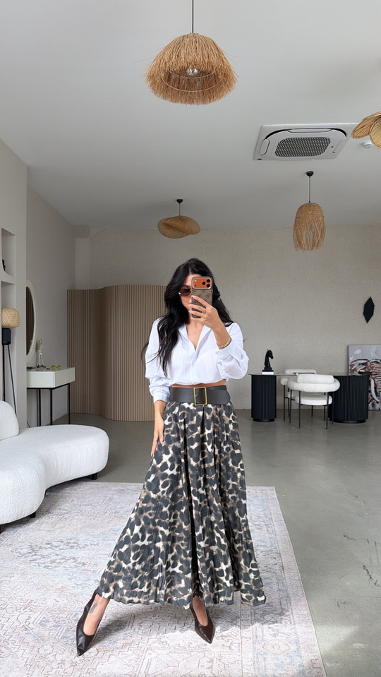 Leopar Astarlı Kemerli Maxi Etek