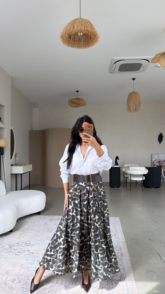 Leopar Astarlı Kemerli Maxi Etek