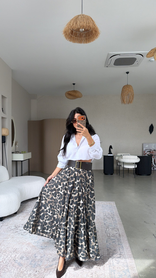 Leopar Astarlı Kemerli Maxi Etek