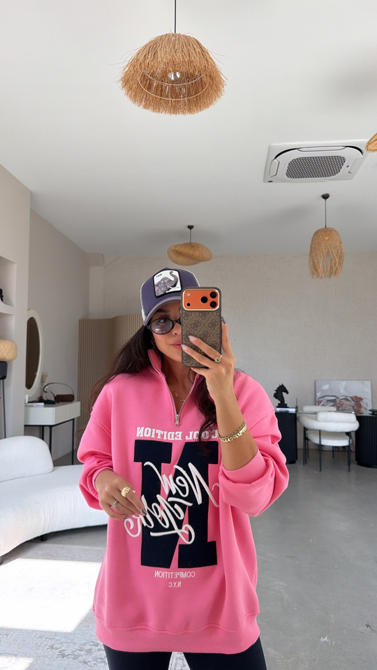 Pembe Fermuarlı Şardonlu New York Sweatshirt