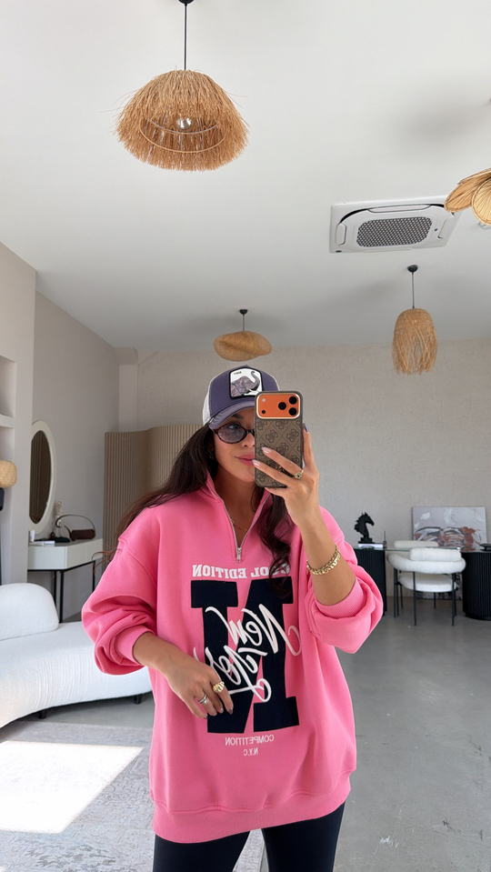 Pembe Fermuarlı Şardonlu New York Sweatshirt