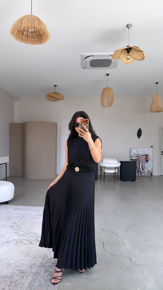 Siyah Astarlı Pileli Maxi Premium Şans Elbise