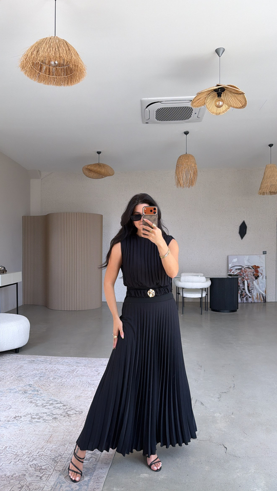 Siyah Astarlı Pileli Maxi Premium Şans Elbise