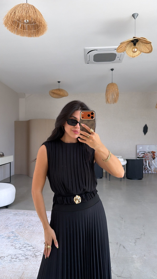 Siyah Astarlı Pileli Maxi Premium Şans Elbise