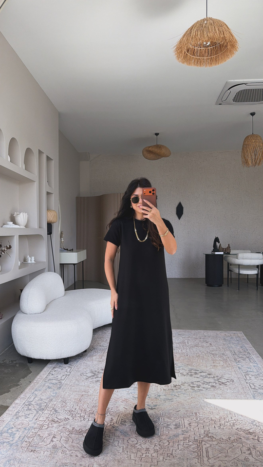 Siyah Çift Yırtmaçlı Basic Modal Elbise