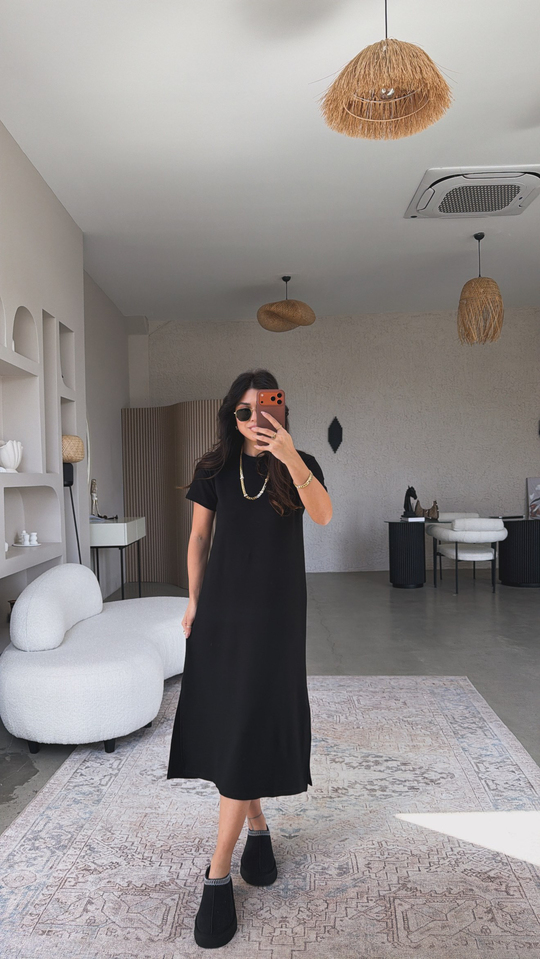 Siyah Çift Yırtmaçlı Basic Modal Elbise