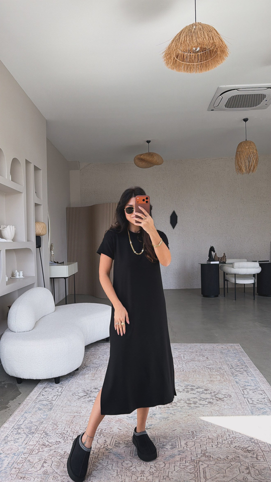 Siyah Çift Yırtmaçlı Basic Modal Elbise