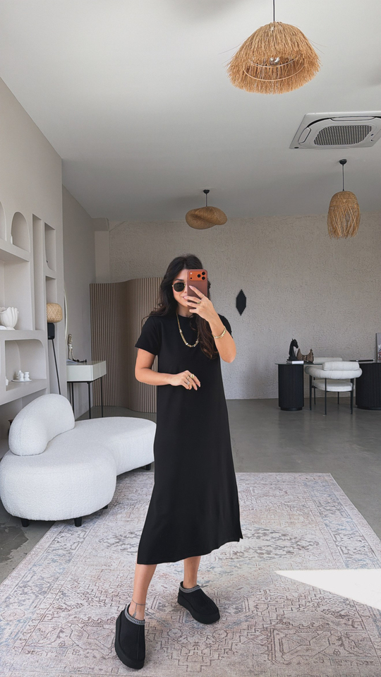 Siyah Çift Yırtmaçlı Basic Modal Elbise