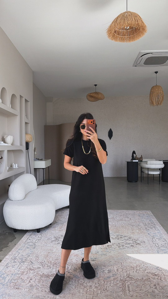 Siyah Çift Yırtmaçlı Basic Modal Elbise