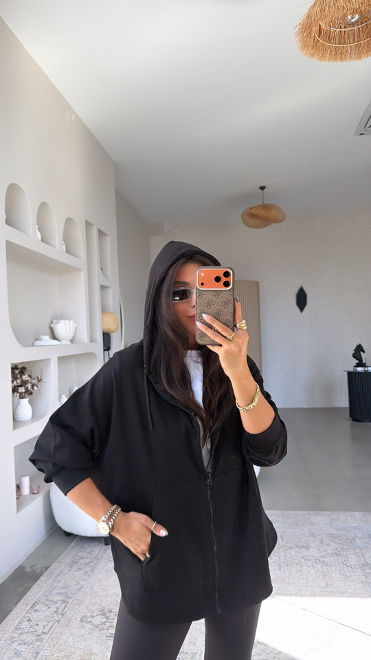 Siyah Fermuarlı Cepli Modal Hoodie