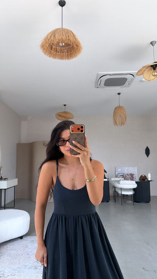 Siyah Pike Modal İnce Askılı Salaş Tulum
