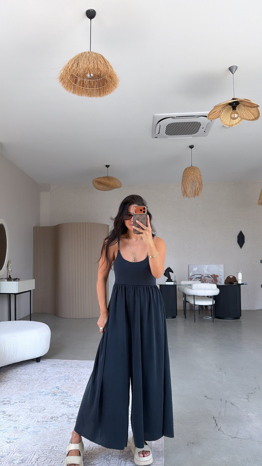 Siyah Pike Modal İnce Askılı Salaş Tulum