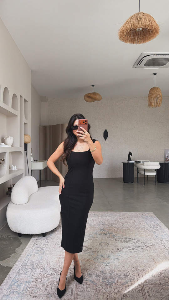 Siyah Premium Kalın Askılı Kare Yaka Çelik Elbise