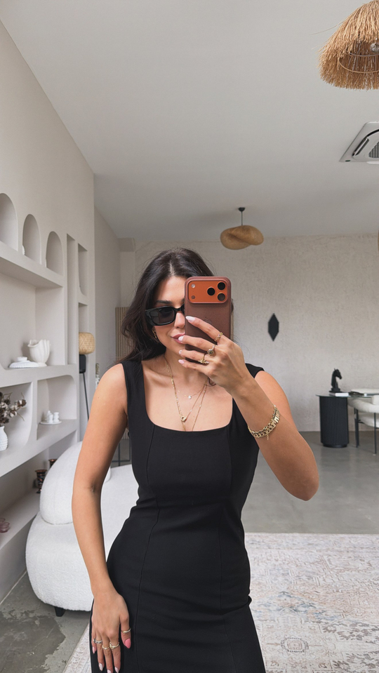 Siyah Premium Kalın Askılı Kare Yaka Çelik Elbise
