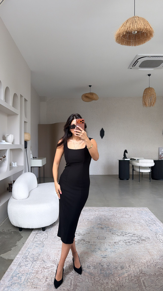 Siyah Premium Kalın Askılı Kare Yaka Çelik Elbise