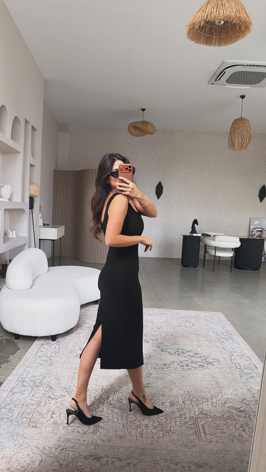 Siyah Premium Kalın Askılı Kare Yaka Çelik Elbise
