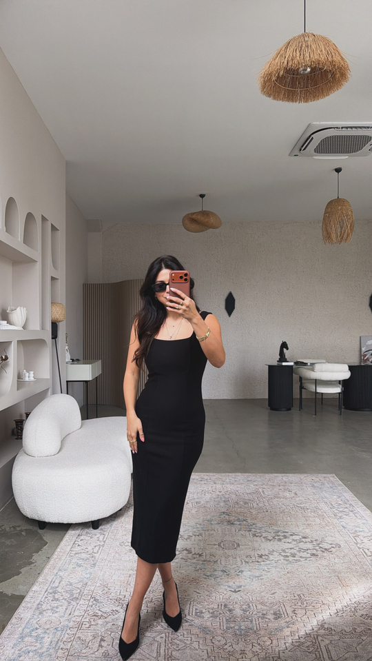 Siyah Premium Kalın Askılı Kare Yaka Çelik Elbise