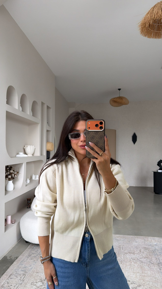 Taş Rengi Çift Fermuarlı Basic Hırka