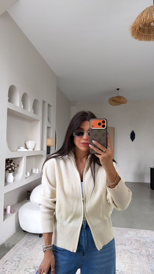Taş Rengi Çift Fermuarlı Basic Hırka
