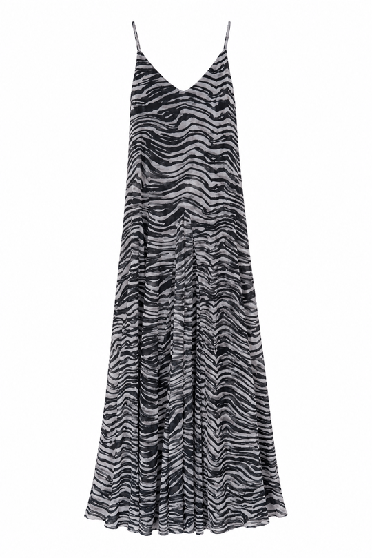 Zebra Desenli Tül İçi Maxi Astarlı Dökümlü Elbise